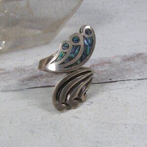 Vintage Sterling Silver Mexico Abalone Tribal Bypass Wrap Ring Artisan Signed